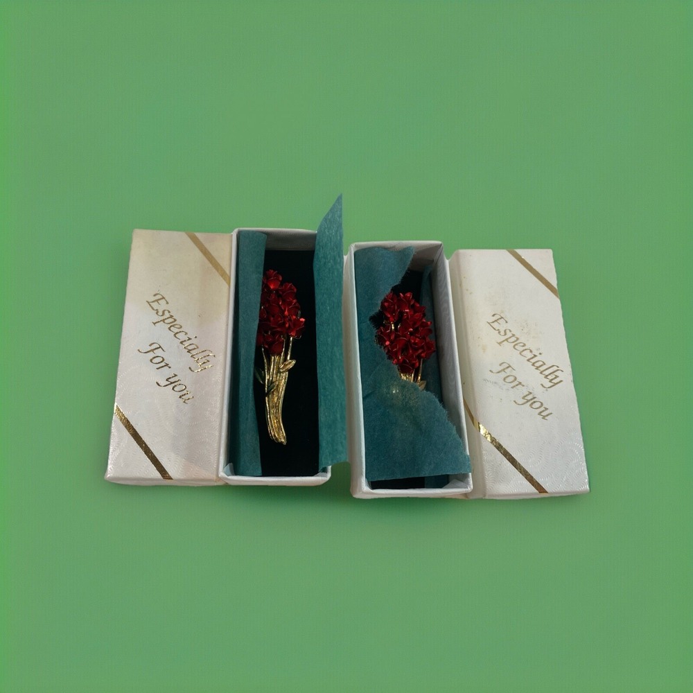 Gold Tone Metal Red Roses Flowers Bouquet Brooch Pins New~set Of Two Vtg Mothers